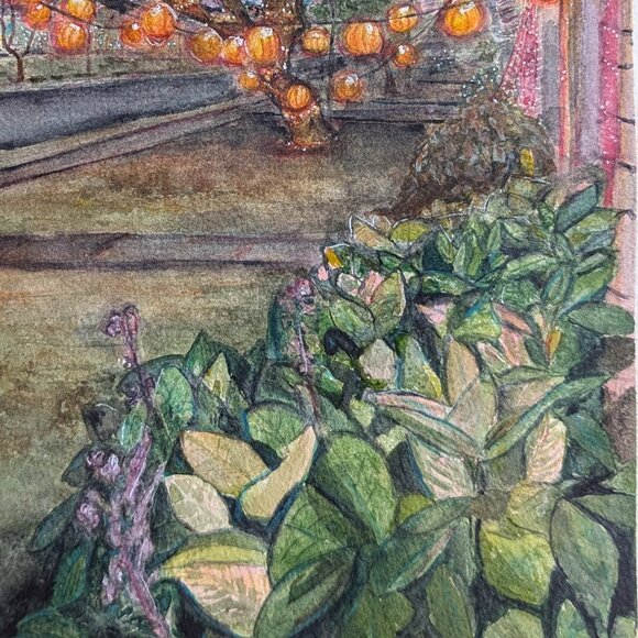 Original Watercolor: Pumpkin Lantern Tree ii: Violet Sky - Picture 3 of 4